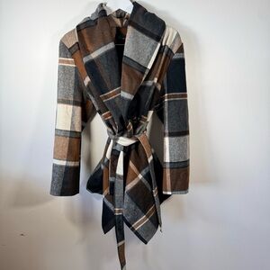 Chicwish Plaid Wool Blend Wrap Coat Jacket Women’s M Brown Gray Belted Lined